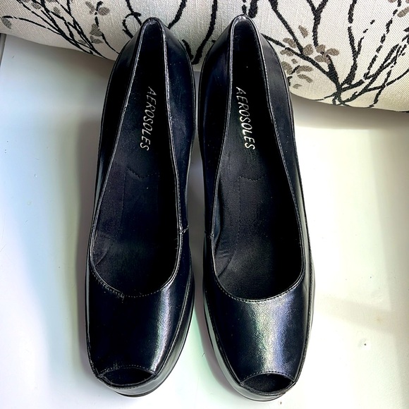 NWT Aerosoles black leather 3 inch heels peep toes shoes platform pumps - Picture 2 of 6